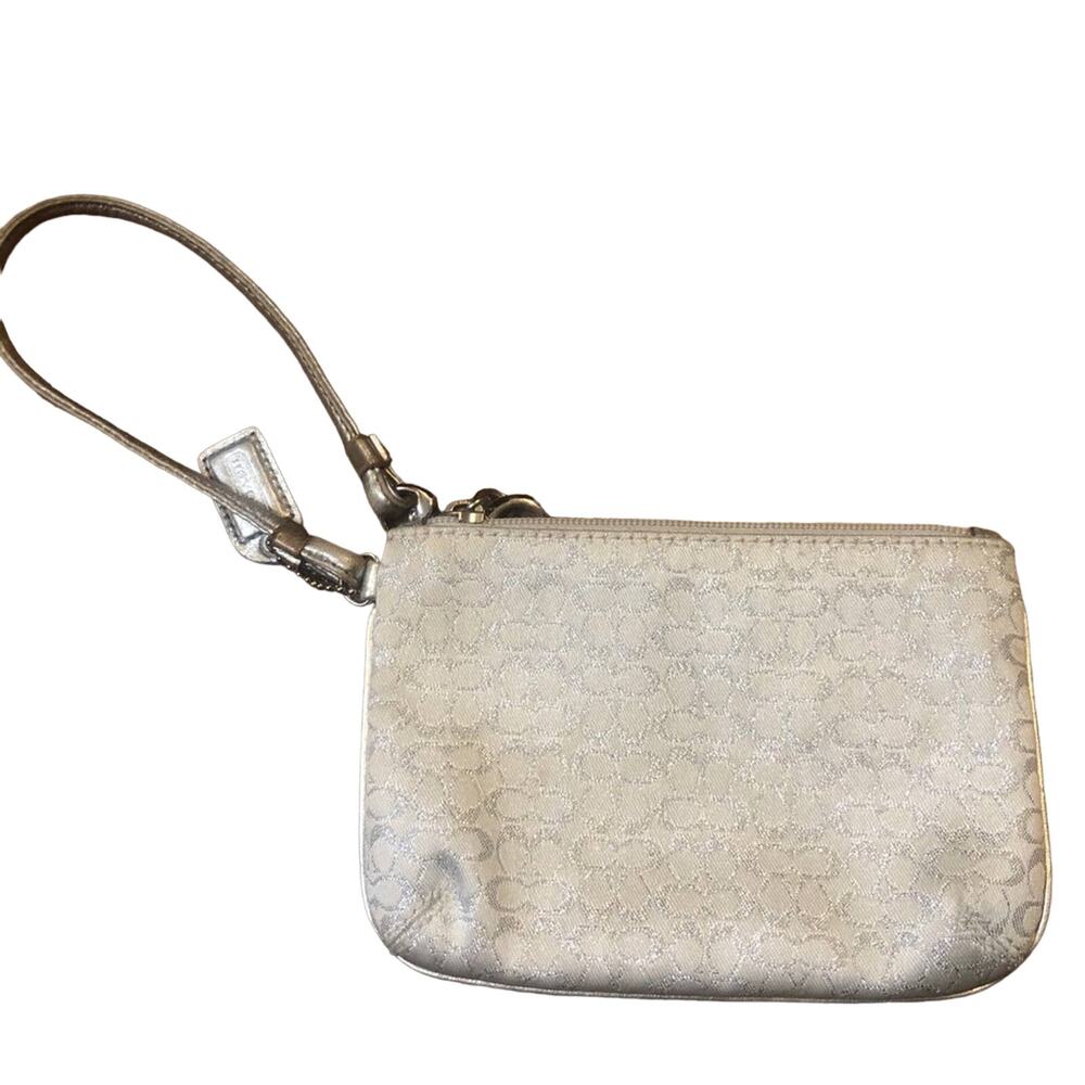 Coach Metallic Signature White Fabric Wristlet